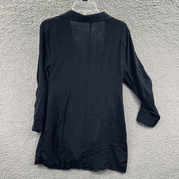 Time And Tru Womens Top Medium 8/10 Black Wrap Shirt 3/4 Sleeve Tie Waist Blouse - Picture 2 of 8